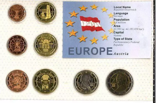 Austria Euro Coin Set - 8 Coins Mint Uncirculated-Sealed In Folder