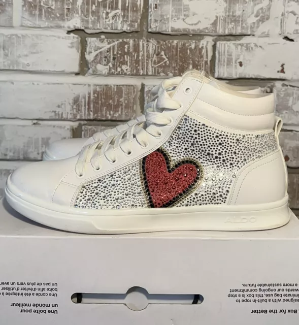 Aldo Heart High Top Sneakers Love Rhinestones Men’s Size 9 With Box White Red