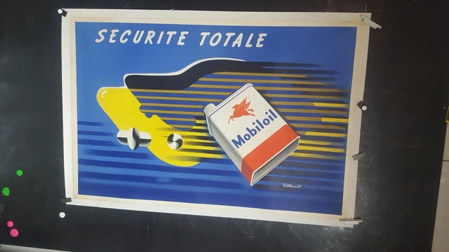 Affiche  Mobiloil Villemot Lithographie  Entoilee 120X80Cm
