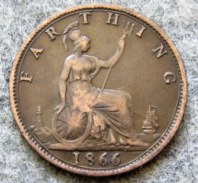 GREAT BRITAIN QUEEN VICTORIA 1866 FARTHING, SEATED BRITANNIA BRONZE km# 747