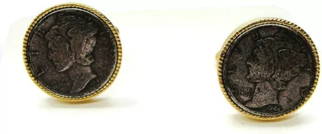 1943 -1944 Mercury Dime Gold Tone Round Cufflinks Tux Shirt Dress Suit Vintage
