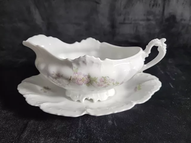 MZ Austria Habsburg Lavender Floral Porcelain Gravy Boat & Underplate C.- 1895