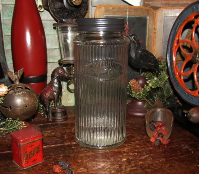 Primitive Antique Vtg Style HOOSIER Ribbed Glass Sugar Jar Canister w/ Lid