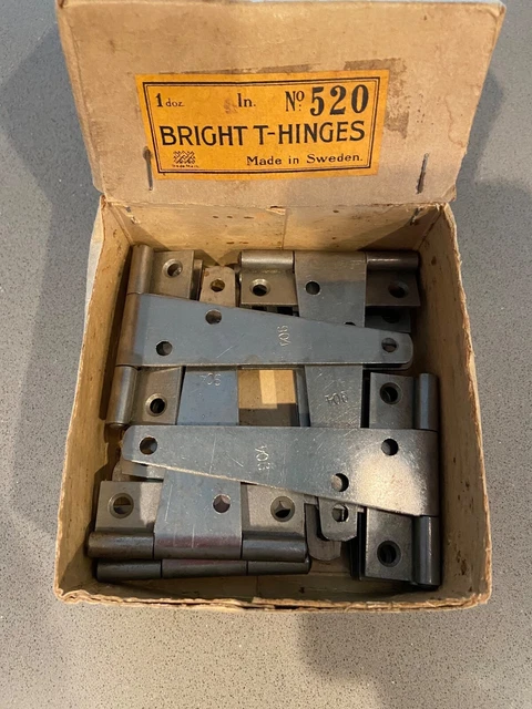Vintage Assa 5" STEEL T-HINGES MADE IN SWEDEN - 1 DOZEN WITH ORIGINAL BOX #520 