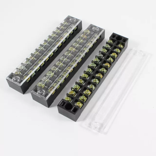 3 Pcs 600V 15A 12 Positions Dual Rows Covered Barrier Screw Terminal Block Strip