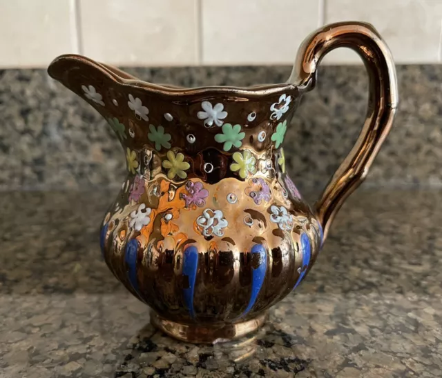 1800's ANTIQUE Vintage COPPER LUSTRE Lustreware LUSTER Pitcher HAND PAINTED