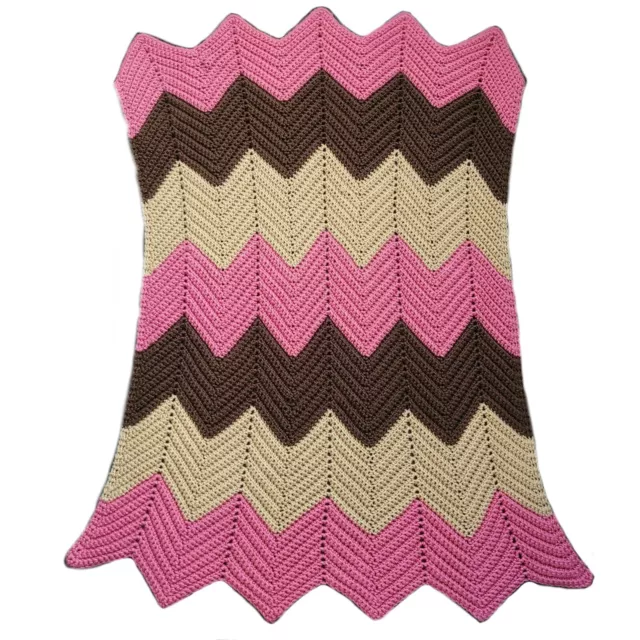 Chevron Afghan Pink Brown Handmade Shoulder Throw 36" X 46" Crib Nursery Zigzag