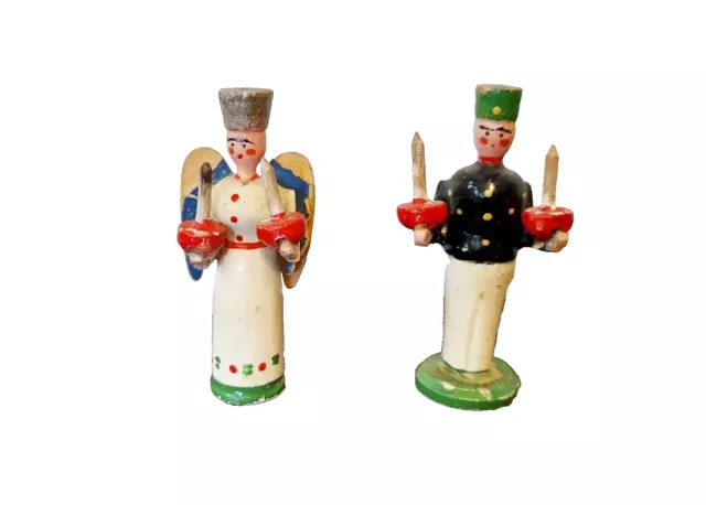 Alte Miniatur Figuren Engel und Bergmann Erzgebirge Volkskunst 5 cm