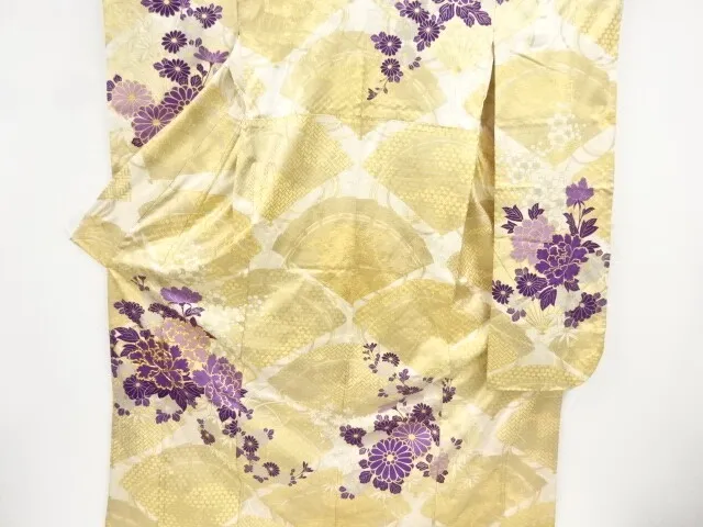 84757# Japanese Kimono / Antique Furisode / Embroidery / Folding Fan With Peony