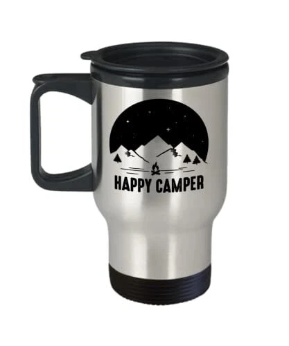 Campfire Travel Mug - Happy Camper Coffee Hot Cold Insulated Tumbler