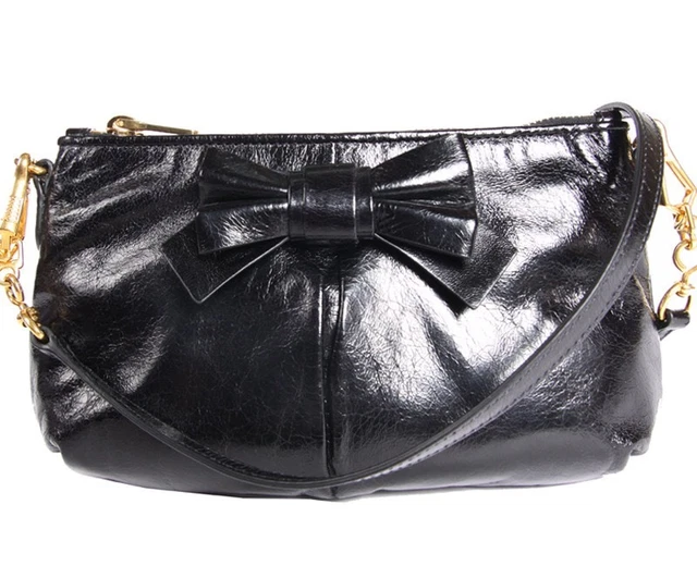 MIU MIU Vitello Lux Piatto Tracolla Small Shoulder Bag Clutch with Bow in Black