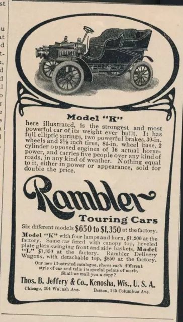 Magazine Ad - 1904 - Rambler Touring Cars - Kenosha, WI - Model "K"