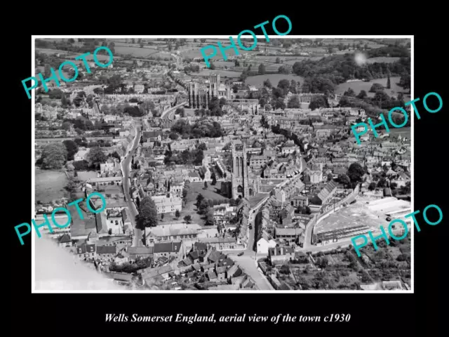 OLD LARGE HISTORIC PHOTO OF WELLS SOMERSET ENGLAND AERIAL VIEW OF TOWN c1930 2