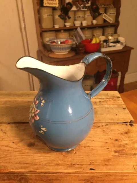 Vintage Small Blue Enamel Shaped Milk Jug – Pretty Flowers – Great!