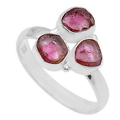 CHIC 925 Argent Sterling 5.23cts 3 stone Rose Tourmaline Chic Taille Bague 9 U67418 