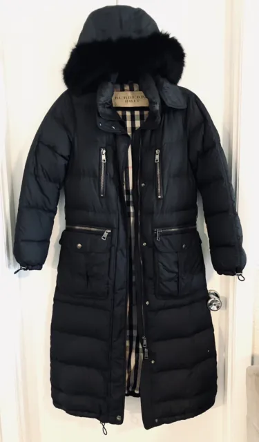BURBERRY LONDON Black Goose Down Long Coat Fox Fur Hood Size Medium W/ Bag