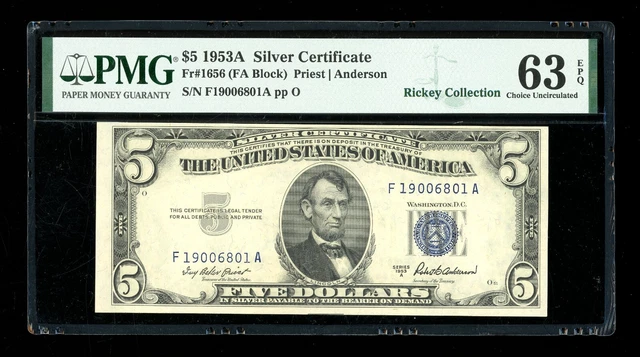 DBR 1953-A $5 Silver Fr. 1656 FA Block PMG 63 EPQ Serial F19006801A