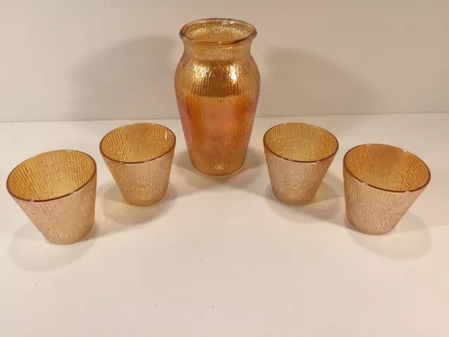 Vintage Carnival Glass Pitcher & 4 Cups Jeanette Marigold Tree Bark? Unusual
