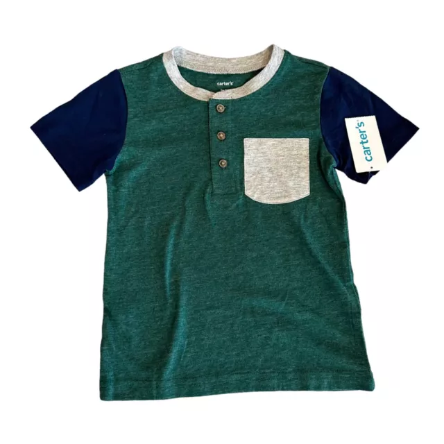NEW Carter's Toddler Boys Size 2T Green Navy Blue Short Sleeved Henley T-Shirt
