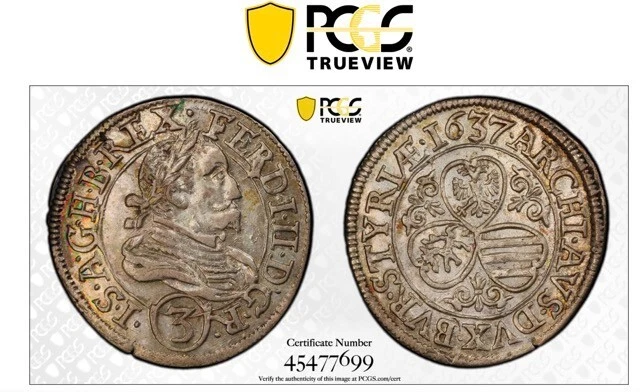 Austria Graz Silver 3 Kreuzer 1637 - Ms63 Pcgs