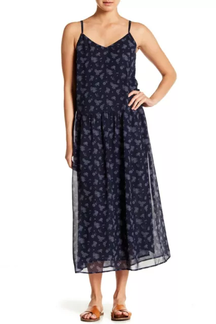 💙 VINCE Coastal Navy Blue Calico Floral Print Luxe Silk Cami Slip Dress XS 0/2