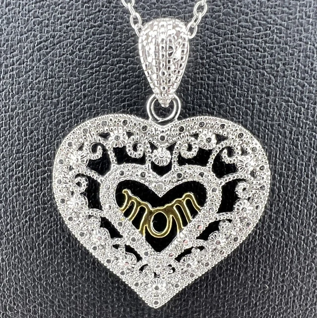 925 Sterling Silver Mom Heart Shaped Filigree Pendant And 18” Chain Necklace