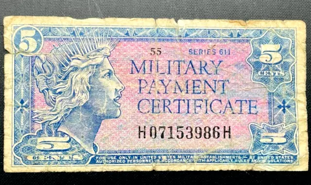 1964 USA Military Payment Certificate 5 Cents Paper Currency Note Series 611 MPC
