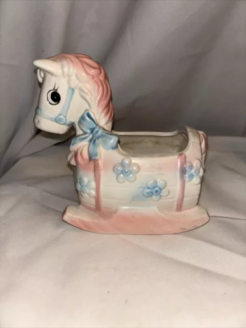 Inarco Ceramic Rocking Horse Pink Blue, White Planter Babys Nursery Japan VTG