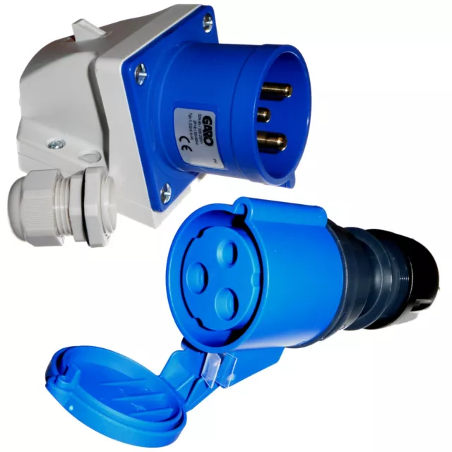 32 Amp 3 Pin 230V Appliance Inlet and Coupler Socket IP44 Blue 2P+E - Made in EU