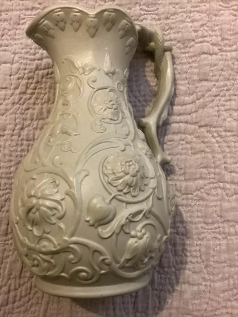 Antique Victorian 1867 Salt Glaze Green Jug Vase Pitcher Ornate Relief Floral