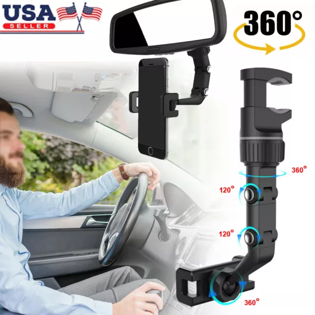 360° Universal Car Mount Holder Rear View Mirror Stand for Mobile Cell Phone GPS