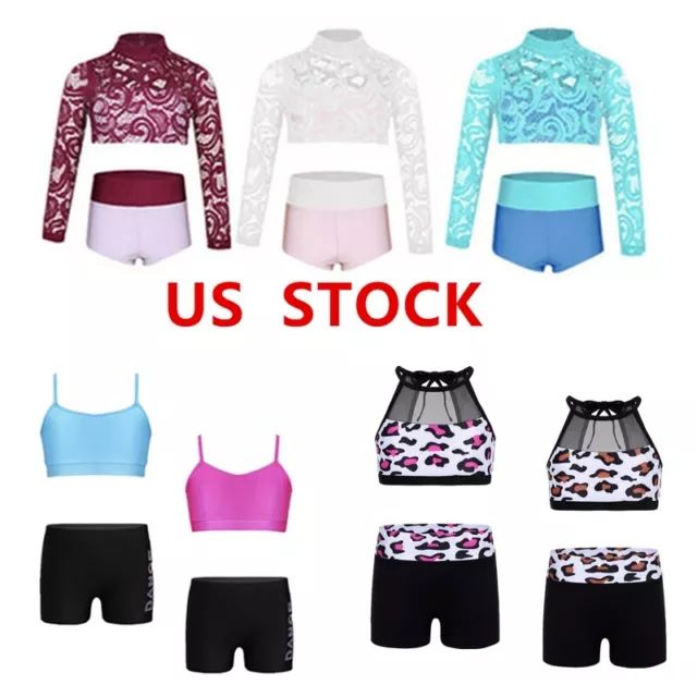US Kid Girl Gymnastics Ballet Dance Outfit Two Piece Crop Top+Shorts Tankini Set