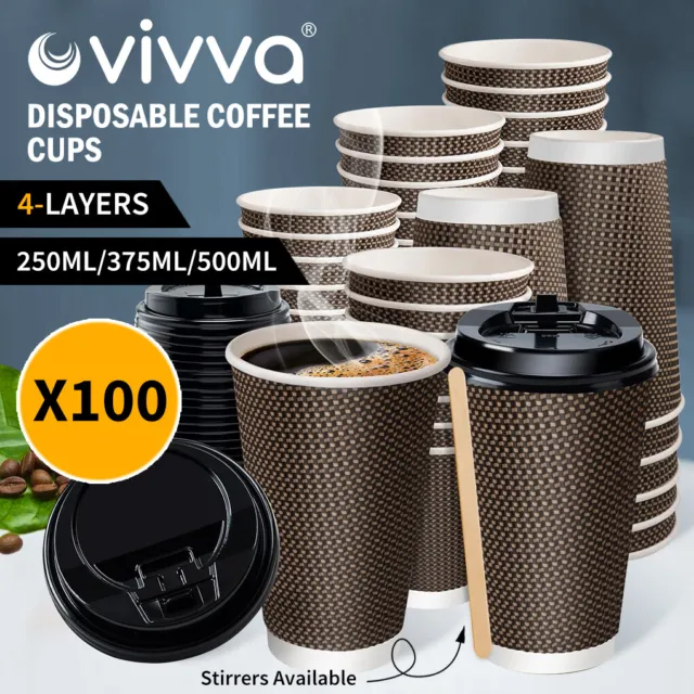 Vivva Disposable Coffee Cups with Lids Healthy Paper Takeaway Cups 8OZ/12OZ/16OZ
