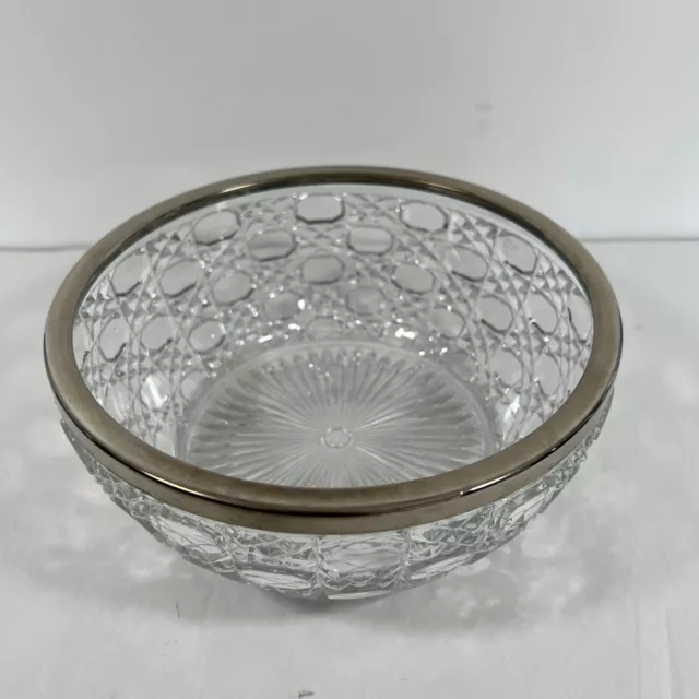 Vtg. Cut Crystal Bowl England Spike Diamond Design Silverplate Rim