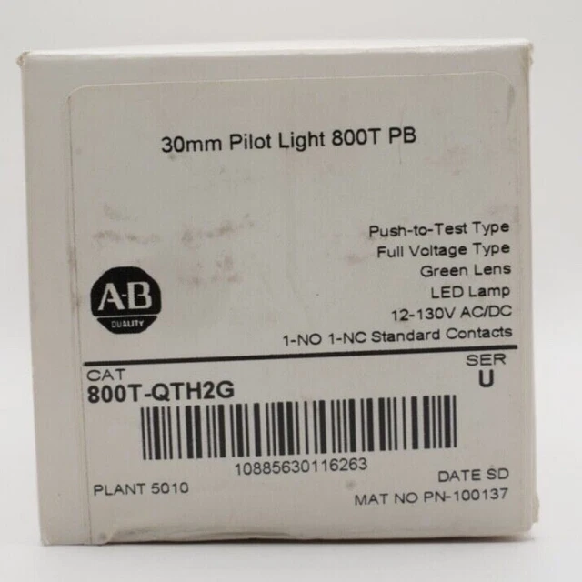 Allen Bradley 30mm Pilot Light 800T-QTH2G Green Lens Push-to-Test Type-Free Ship