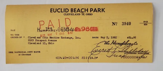 Vintage Check Euclid Beach Park Cleveland OH 1965 First National Bank  D063