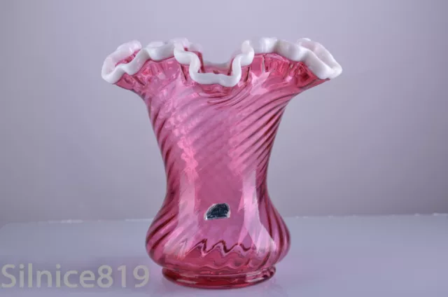 Vintage Fenton Art Glass Cranberry Snow Crest Swirl Ruffled Vase