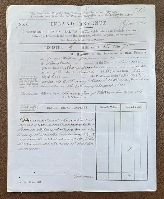 1868 Inland Revenue Duty Document Goodwin of Sleaford on Land at Butterwick