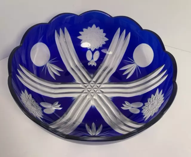 Bohemian Glass Bowl Cobalt Blue Cut to Clear Lead Crystal Vintage 7 3/4" across