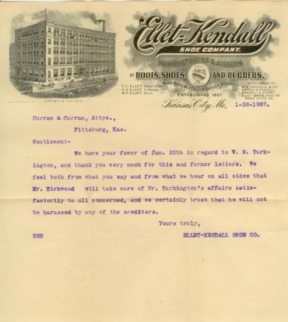 1907 Kansas City Missouri Ellet-Kendall Shoe Company letterhead 8th & May Sts.