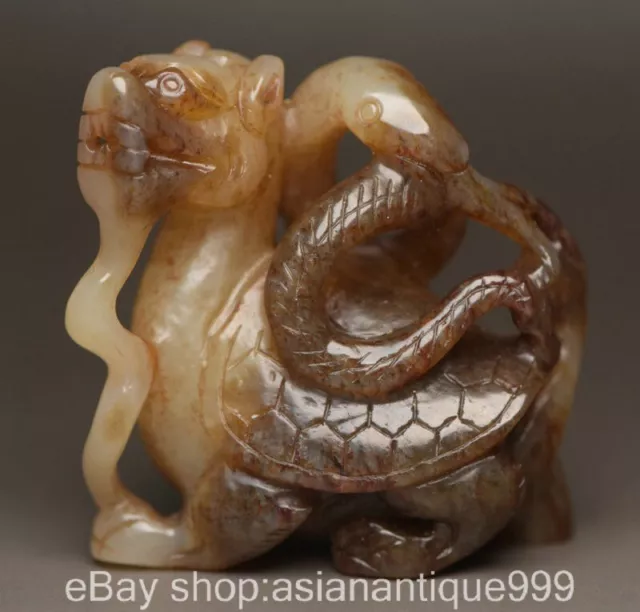 2" Chinese Natural Hetian White Jade Carving Xuan Wu Divine beast Statue