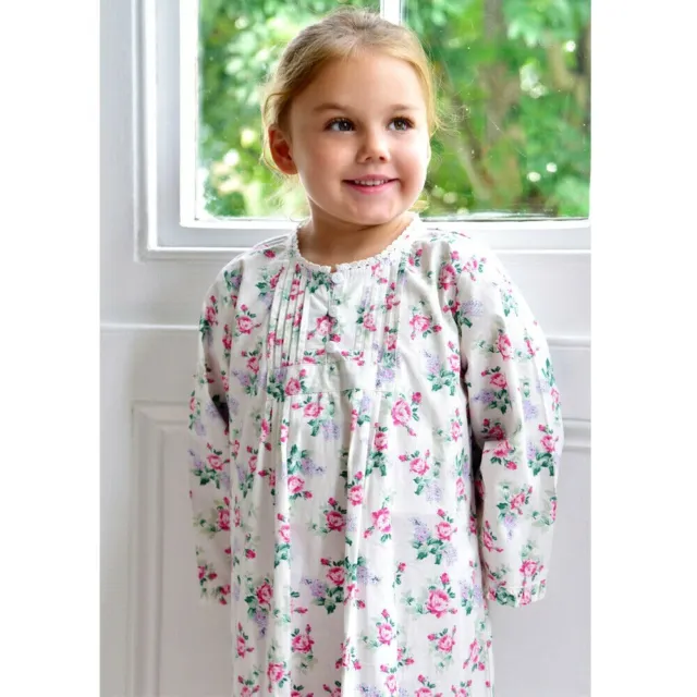 Camicia da notte da notte in cotone floreale a maniche lunghe nuova con etichette Powell Craft età 2-12