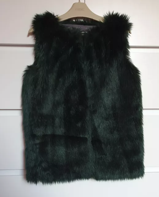 NEXT___fur long dark green gilet body warmer girl age 8 yrs VGC