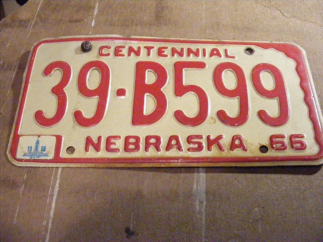 1966 Nebraska State License Plate Car Automobile Tag 9-B599 Centennial Year 66