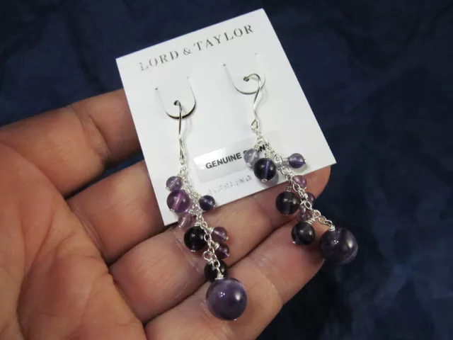 NEW Lord & Taylor Sterling Silver & Amethyst Bead Long Drop Pierced Earrings 2