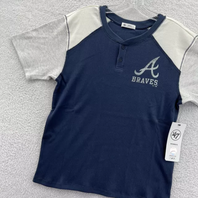 Atlanta Braves Shirt Womens Small Blue '47 Brand MLB Baseball Henley Knit *A New 2