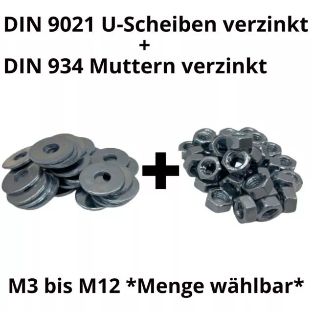 Unterlegscheiben DIN 9021 + Sechskantmuttern DIN 934 verzinkt M3 - M10 / Set