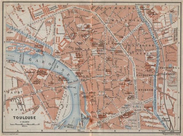 TOULOUSE ANTICA MAPPA della città. Carta Alta Garonna 1914 vecchia