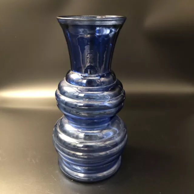 USA Cobalt Blue Glass Vase Beehive Form Ribbed Pattern