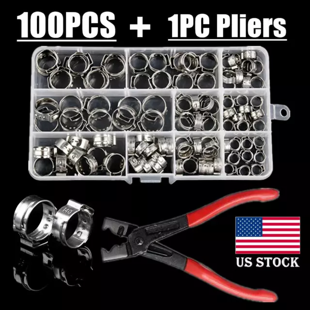 100X Assorted Hose Clamp Stainless Steel Ear Cinch Rings Crimp Pinch Set Pliers